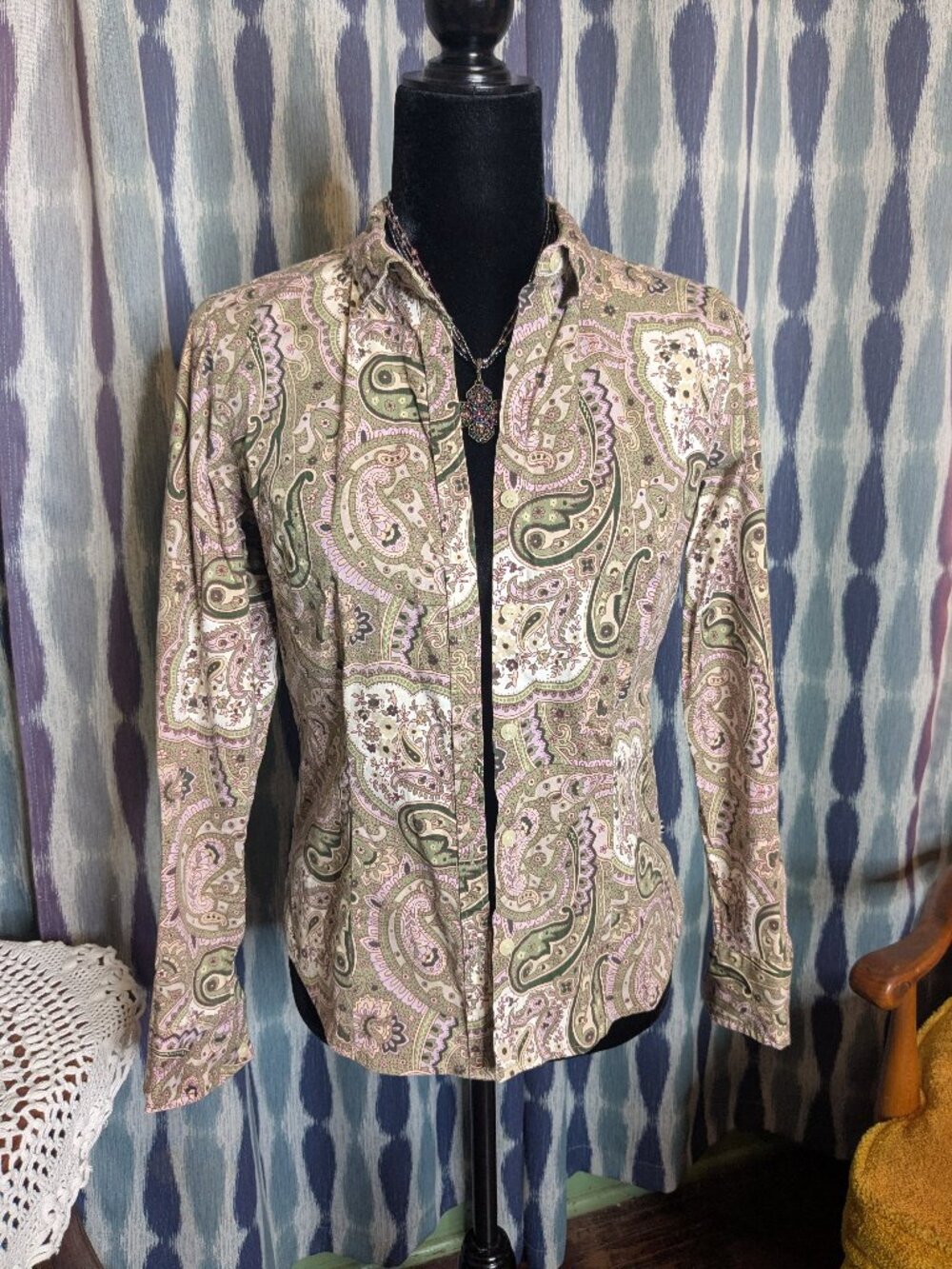 IZOD Paisley Button Front Shirt Petite Small Green Cottage Chic